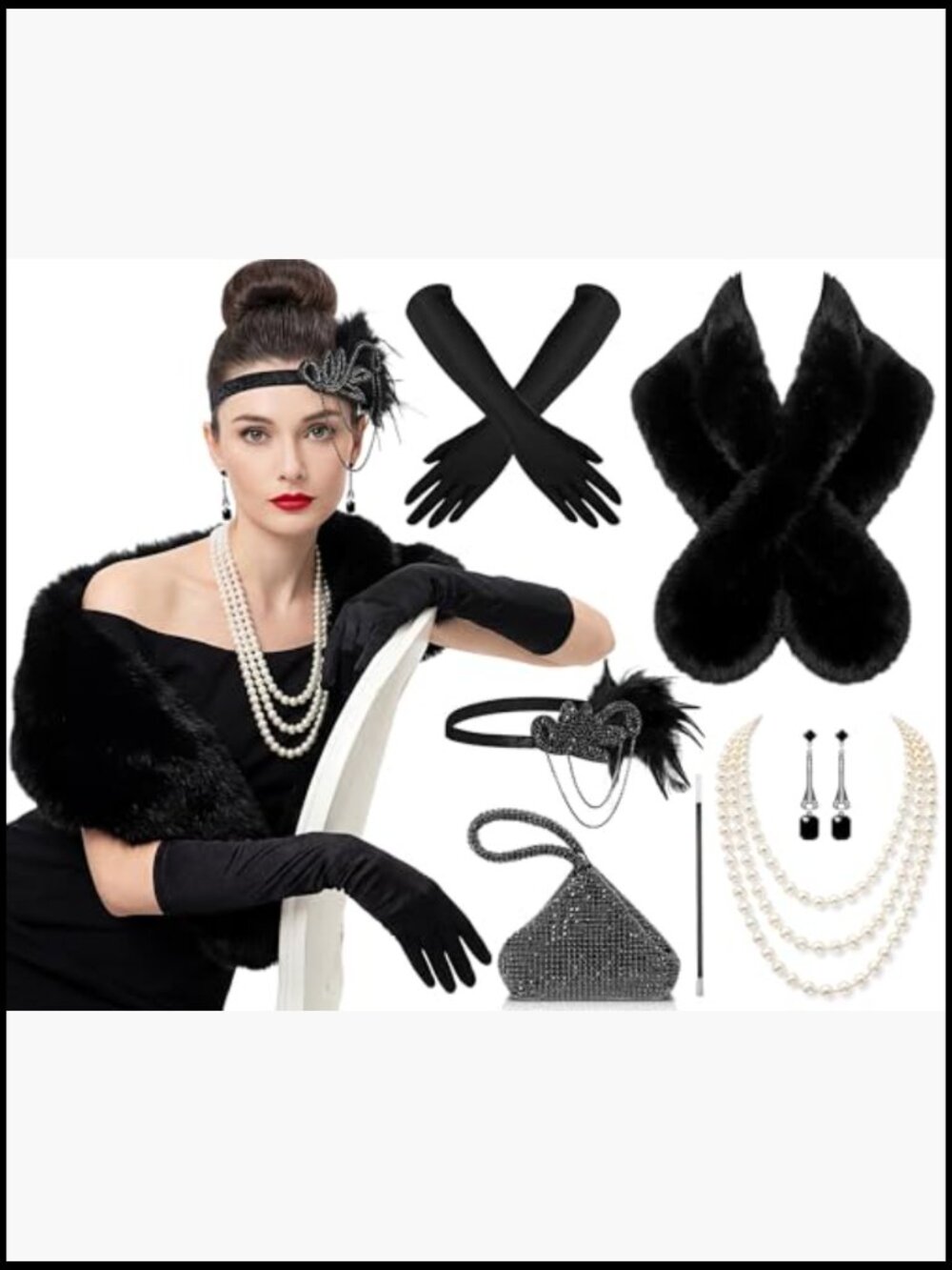 1920s Flapper Accessory Set Faux Fur Shawl Clutch Gloves Jewelry Set - Picture 2 of 7